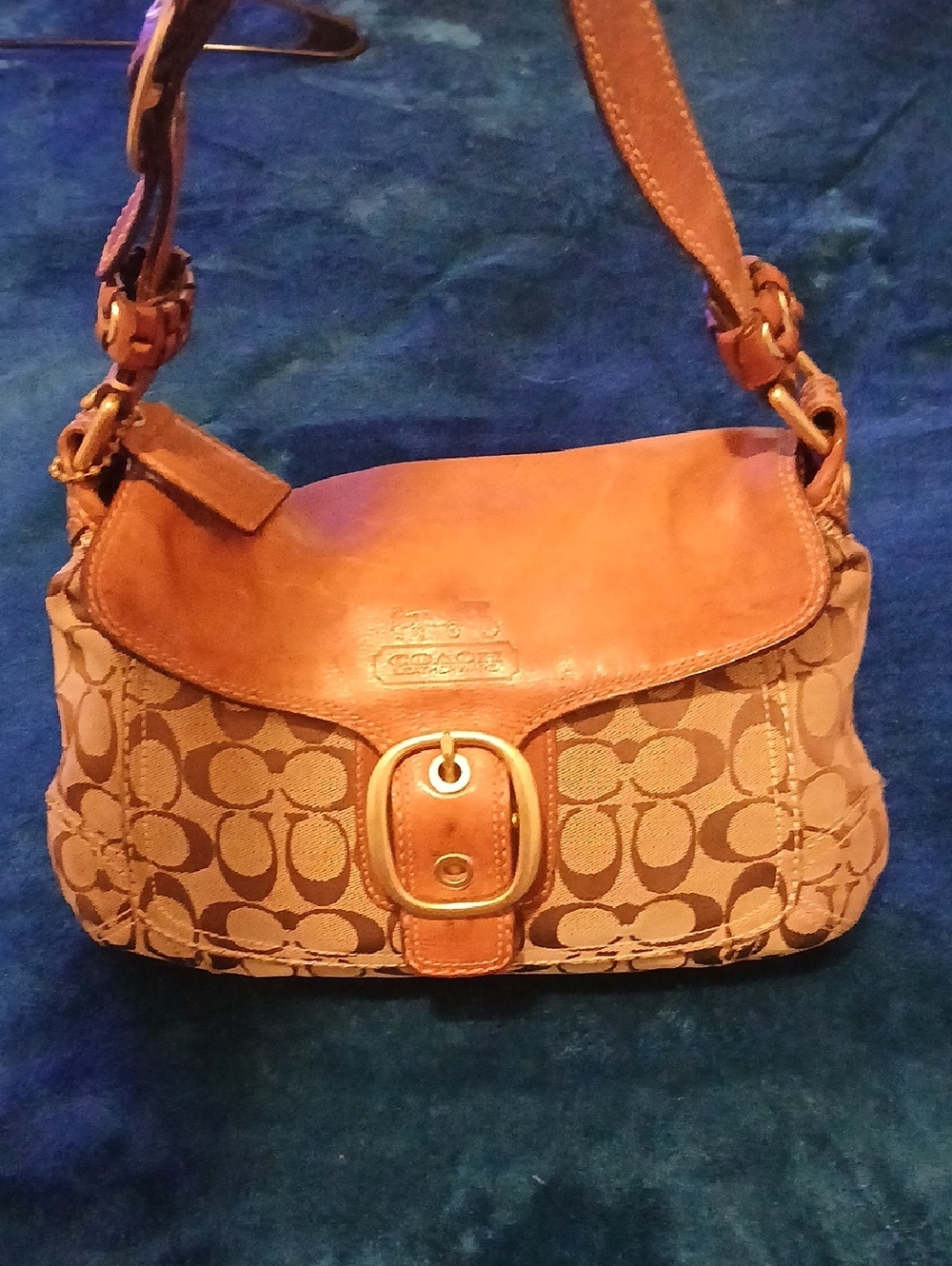 Coach Tan Signature Canvas Shoulder Bag with Leather Flap